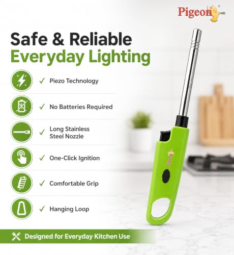 Image of Pigeon Flash Gas Lighter Set of 2 | Piezo Ignition Technology | Stainless Steel Long Nozzle | Ergonomic Grip | Manual Gas Stove Lighter | Suitable for LPG & PNG Gas Stoves | No Battery Required