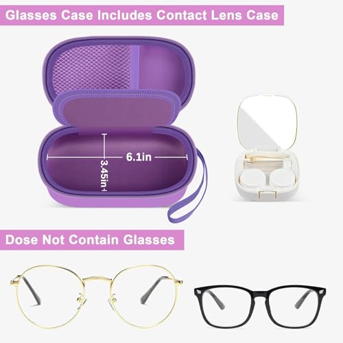 Image of GWCASE 2-in-1 Contact Lens Travel Case for Eyeglasses & Sunglasses | Hard PU Exterior Bag with Soak Storage Kit Included Built-in Mirror Tweezer Contact Lens Solution Bottle-Purple(No Glasses)
