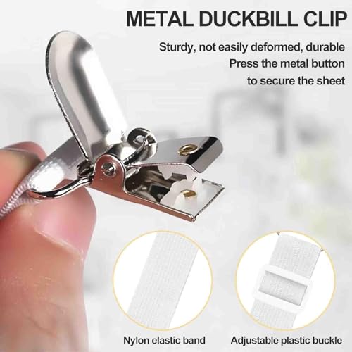 Quelcc Bettlakenklammern(30cm-130cm), 4 Stück Bettlakenspanner Verstellbar, Elastische Spanner für Bettlaken, Weiß Lakenspanner mit Metallclips, Bettlaken Spanngurte für Matratze, Bettlaken, Sofa