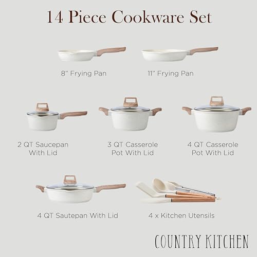Country Kitchen Pots and Pans Set Nonstick, Cast Aluminum Kitchen Cookware Set with Utensils, 14 Pcs Non Stick Cooking Set w/Frying Pans & Saucepans, Cream by Country Kitchen - Used condition - Image 3