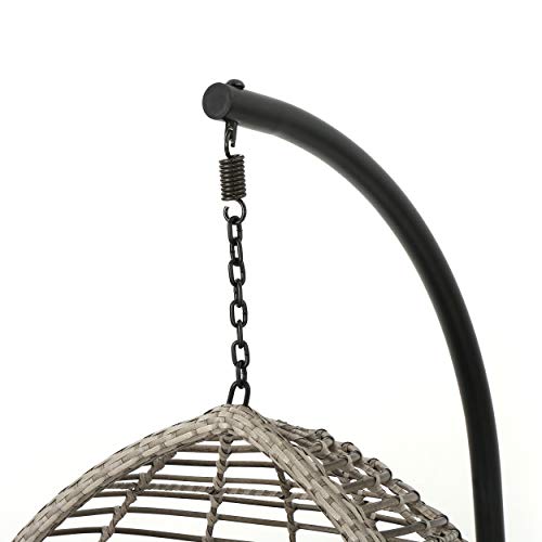 Christopher Knight Home Leasa Outdoor Wicker Hanging Basket Chair With Water Resistant Cushions And Iron Base, Grey / Black #TOP4