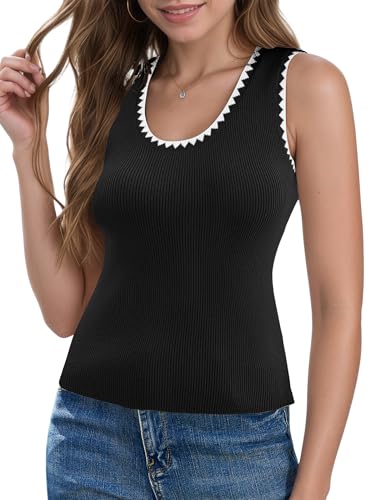 Image of SweaterTank Tops for Women Sleeveless Shirts Casual Slim Fitted Color Block Ribbed Tanks Fall Sweater Vest