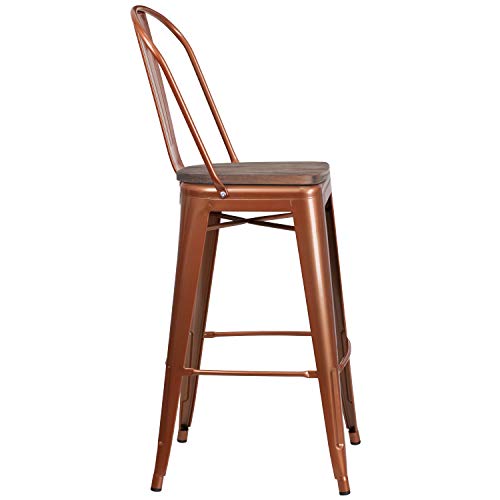 Butaco de bar estilo bistró EMMA + OLIVER con asiento de madera y estructura metálica en cobre, altura 46 pulgadas, uso comercial e interior miniatura 5