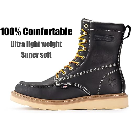 SUREWAY Mens 8 in Wedge Moc Soft/Steel Toe Work Boots for Men,Full-Grain Leather,Goodyear Welt,EH,Safety Industrial Construction Boots/Shoes for Women,Soft Toe Black,Size 102