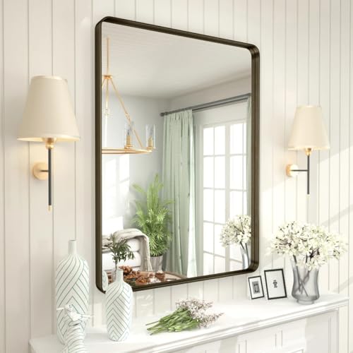 CHARMOR Spiegel mit Bronze-Rahmen, 66 x 91 cm, gebürstetes Bronze, Metall, Badezimmer-Schminkspiegel für Wand, moderner rechteckiger Spiegel, abgerundete Ecken, rostfrei (horizontal/vertikal)