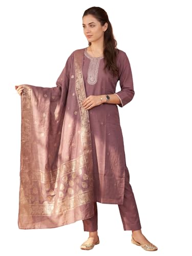 Image of INDO ERA Women's Viscose Self Design Straight Kurta with Pant & Dupatta Set