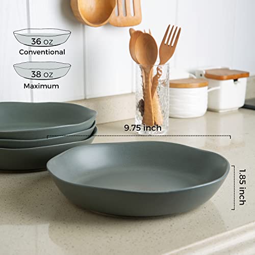 Amorarc 9.75 Inch Stoneware Flat Pasta Bowls, 38Oz Large Wide Bowls Set Of 4 For Kitchen, Microwave Safe Bowls With Wavy Rim For Pasta Salad, Matte Green-Ish Gray #TOP1