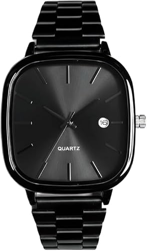 Classic Men's Watch, Black Square Frame, Stainless Steel Strap, Analog Display with Date, 30M Waterproof, Quartz Movement, Elegant Design for Events (Black)