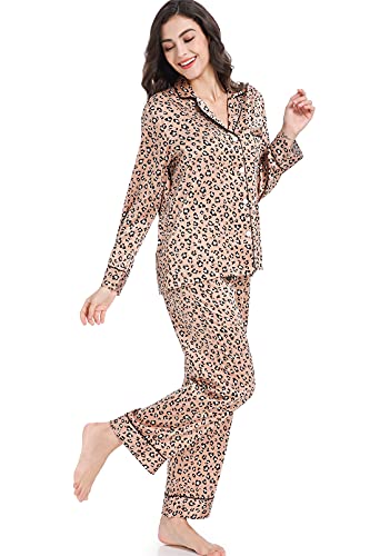 Image of Serenedelicacy Women's Satin Pajama Set Long Sleeve Button Down Sleepwear 2-Piece Silky Pj Set