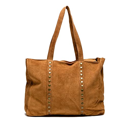 énvo - Bolso Shopper de Ante para Mujer, Tamaño Grande con Tachuelas Decorativas, Ideal para la Universidad, Fabricado en Italia (Camel)