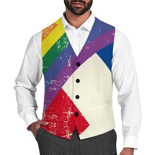Vintage Rainbow Swedish Flag Trendy Vest Suit for Men V Neck Formal Dress Waistcoat Vests Business Slim Fit