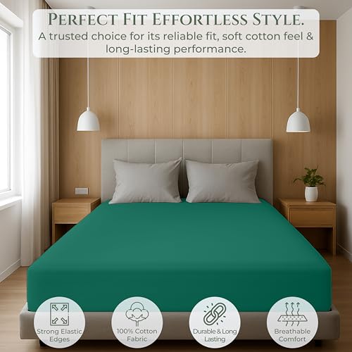 Image of Royale Linens 100% Organic Cotton King Fitted Sheet Only - Percale Weave - Soft Deep Pocket Bottom Sheets - Hunter Green Elastic Sheet - King Size Fitted Sheets Only - (78 inchx80 inch+15 inch, Hunter Green)