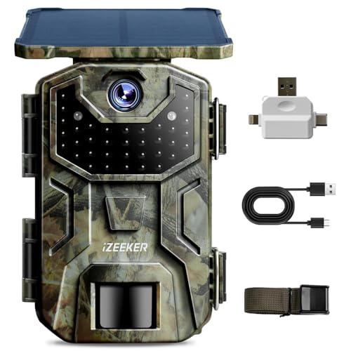 iZEEKER Solar Trail Camera 1520P 30fps 36MP, Game Camera with 940nm No Glow Infrared LEDs, Trail Cameras with Night Vision Motion Activated IP66 Waterproof for Wildlife Monitoring Indoor Security
