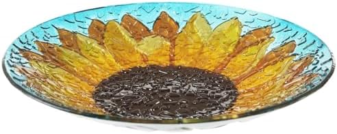Glass Bird Bath for Outdoors Garden, 18" Dia Hand Painted Sunflow...