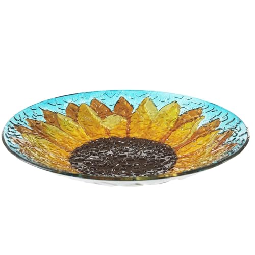 Glass Bird Bath for Outdoors Garden, 18' Dia Hand Painted Sunflower Birdbath Bowl, 64oz Large Wild Bird Feeder for Garden Yard Patio Lawn Decor