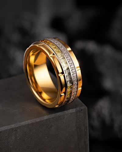 100S JEWELRY 10mm Gold Tungsten Rings For Men Rainbow & Clear CZ Moissanite Wedding Promise Band Size 6-162