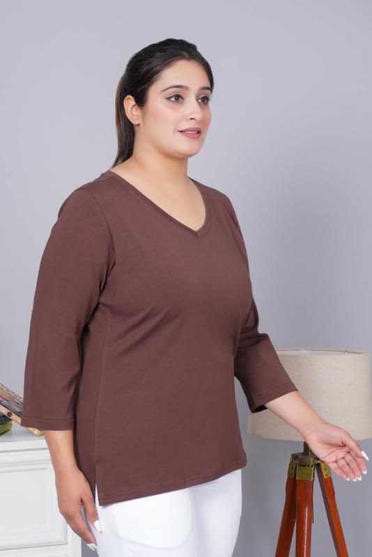 Image of Mlada V-Neck Cotton 3 /4th Sleeves Tshirt for Women | Stretchable Regualr Fit Solid Cotton Tshirts | Casual 3 /4th Sleeves Tshirts for Women Office Wear | Solid Round Neck Tshirt
