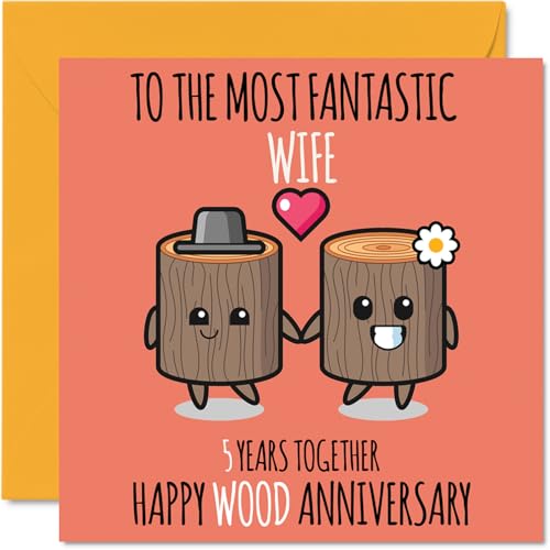 Cute Wooden Anniversary Card for Wife - 5 Years Together - Happy 5th Wedding Anniversary Cards for Wife from Husband, 145mm Greeting Cards Anniversaries
