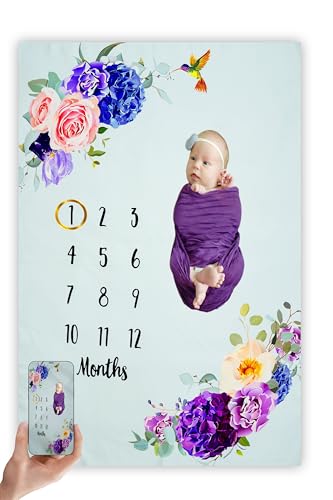 Image of Monthly Milestone Blanket Floral Humming Bird Design | 1-12 Months | Ultra-Soft & Skin-Friendly | Ideal for Newborn Boys & Girls | Perfect Baby Growth Tracker & Photoshoot Prop