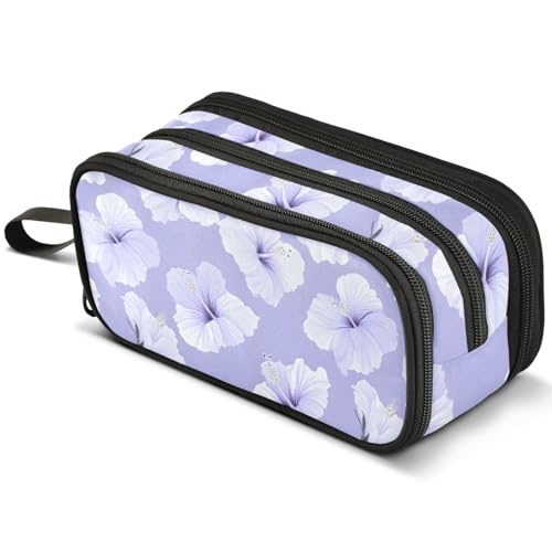 Image of ALAZA Purple Hibiscus Flower Large Pencil Case, Pen Pouch Pencil Bag with 3 Compartments Pen Holder Organizer Stationery Bag