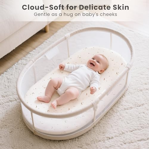 Image of Konssy 3 Pack Stretchy Bassinet Sheets for Baby Girl Boy, Soft Breathable Baby Bassinet Mattress Sheets Fit for Hourglass Oval Cradle, Moses Basket Rectangle Mattress (Moon)