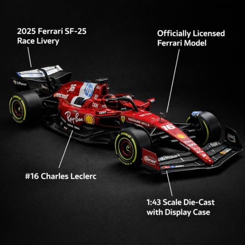 Image of Wizplex Bburago Scuderia Ferrari SF-25 1:43 Scale Officially Licensed Die Cast Metal Formula 1 Car - No. 16 Collectible Model, Display Showpiece for Kids 3+ & Motorsport Fans