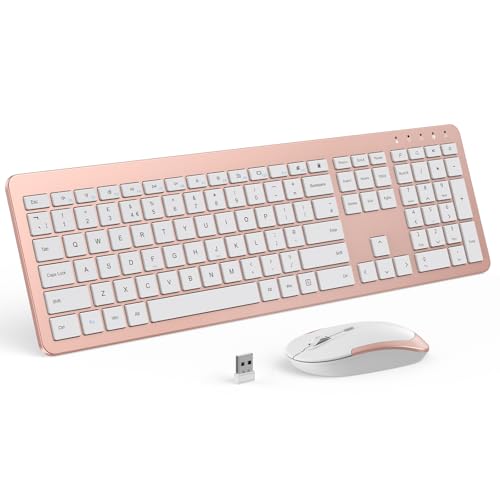 Wireless Keyboard and Mouse Combo Full Size Slim Thin Cordless Keyboard Mouse with Numeric Keypad Quiet Computer Keyboard Mice Set 2.4G Stable Connection Adjustable DPI (Rose Gold)