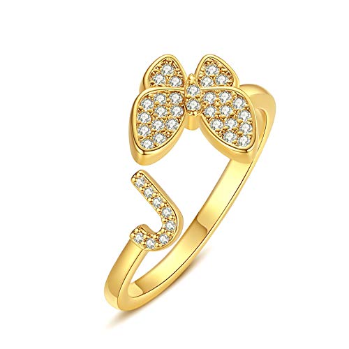 Hobt Gold Ring Initial Letter Ring Butterfly Ring 14k Gold plated Open CZ Rings Gift for Women Teen Girls Alphabet Letter J