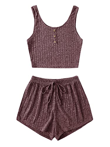 Image of SOLY HUX Women's Button Front Ribbed Knit Tank Top and Shorts Pajama Set Sleepwear Lounge Sets