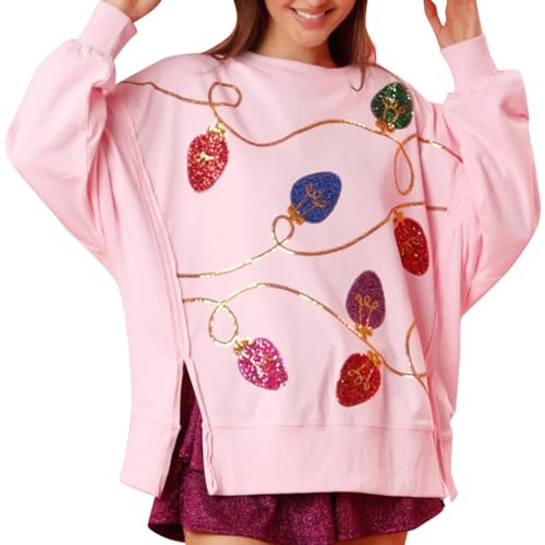 Pull de Noël à Paillettes Scintillantes avec Fente Latérale et Coupe Oversize Moderne