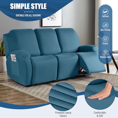Image of TAOCOCO Recliner Sofa Slipcover, 3 Pieces Polyester Fabric Stretch Sofa Covers for 3 Seat Reclining Couch, Soft Washable Furniture Protector with Pockets (3 Seat, Turquoise Blue)