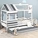 Hausbett, Kinderbett,Spielbett Abenteuerbett mit Klappbett und Dach gespleißte Holzlatten und Lattenrost Ausziehbares Unterbett mit Rollen Bettenhaus Hausbett Zimmer für Kinder und Jugendliche