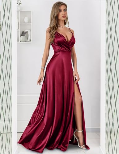 Image of MUXXN Women's Gorgeous Spaghetti Strap V Neck Stain Split Evening Party Maxi Dress