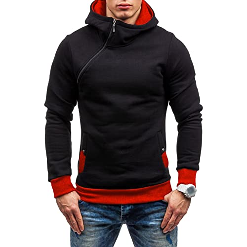 Maiyifu-GJ Men's Long Sleeve Diagonal Zipper Hoodies Zip Up Slim Fit Athletic Hoodie Hip Hop Hooded Sweatshirts with Pocket (Black 2,Large)