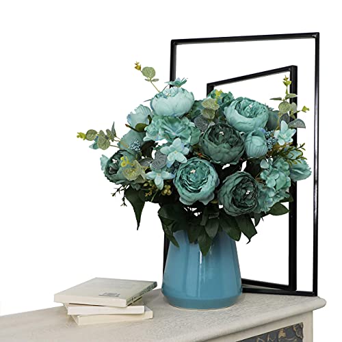 Qianmo Teal Big Artificial Flowers Arrangement Aqua Mint Fake Faux Turquoise Silk Peony Bouquet Tiffany Blue Party Wedding Decoration Home Décor Crafts #TOP6