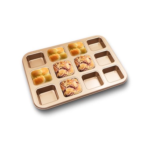 Gurlideo Moule à brownies pour 12 gâteaux, mini moule à gâteau rectangulaire, acier au carbone antiadhésif, mini moule à cake antiadhésif pour muffins, gâteaux et petits pains (doré)