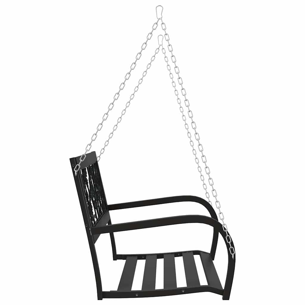 SYDE Banco Columpio de Jardín 125 cm Acero y Plástico Negro | Resistente a la intemperie, reposabrazos amplios, respaldo con estampado de rosas, cadenas incluidas