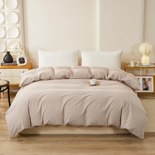 Image of Mini Gingham Brown Duvet Cover King 100% Washed Cotton Bedding Set Like Linen Soft Breathable 3 Piece Classic Plaid Checkered Comforter Cover Set (King 104 inchx90 inch, Comforter Not Included)