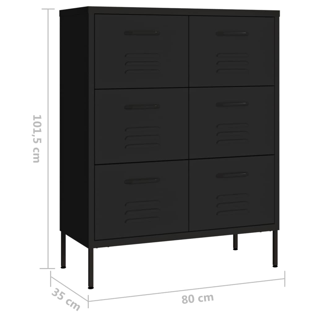 Cajonera de acero, color negro, 80 x 35 x 101,5 cm, 6 cajones con rodamiento de bolas, contenedor con ruedas para oficina y taller, orden y espacio de almacenamiento