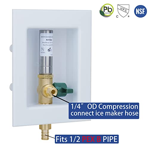 WHK Ice Maker Outlet Box Valve with PEX 1/2" Inlet,PEX Ice Maker Wall Box with 1/4 Turn Shut Off Valve to Connect PEX B Tubing(F1807) with Stainless Steel Hammer Arrestor