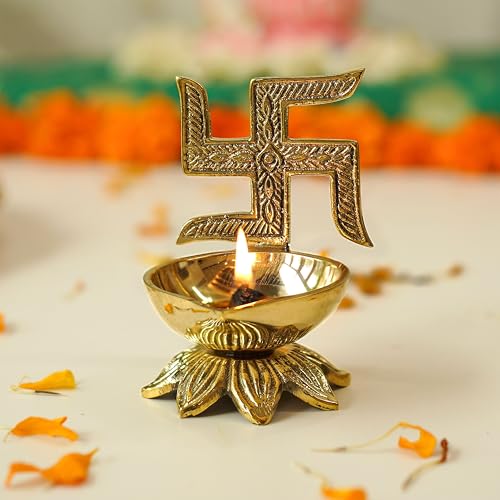 Image of Behoma 100% Pure Brass Swastik Diya for Puja | Religious Symbol Deep Deepak for Pooja Room, Tample,Mandir,Office, Diya for Home Decoration