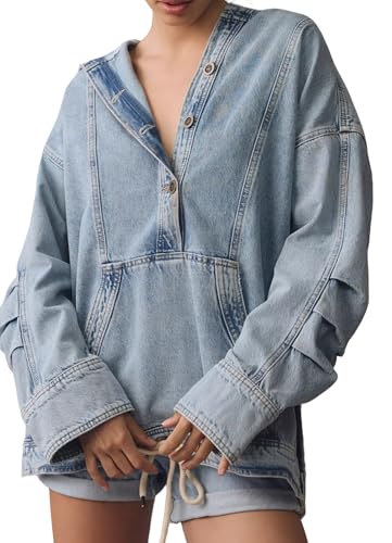 Kedera Women's Button Up Sweatshirt Denim Hoodie Oversized Pullover Jacket Jean Tops Casual Boyfriend Jackets