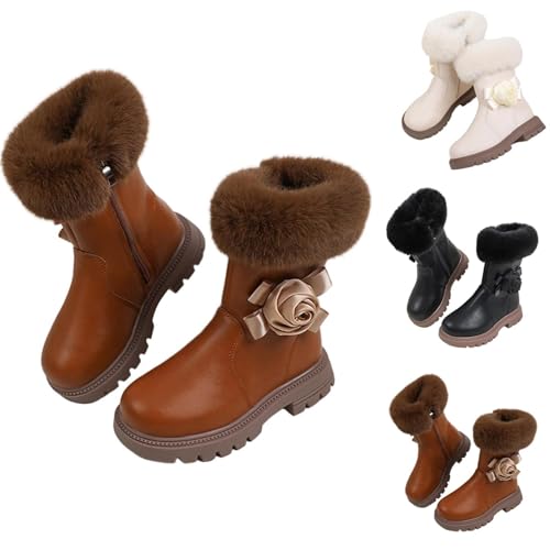 Winter Warm Mid-Calf Boots for Girls Fuzzy Fleece Lined Cute Snow Boots Side Zipper PU Leather Waterproof Booties