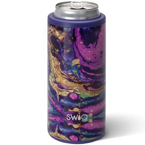 Swig Life Skinny Can Cooler, Stainless Steel, Dishwasher Safe, Triple Insulated Slim Can Sleeve for 12oz Tall Skinny Can Beverages in Purple Reign Print