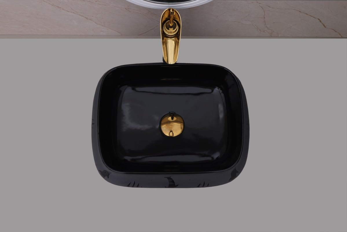 HISRE Countertop Wash Basin 18"x13"x5.5" | Modern Black Ceramic Rectangular Sink | Elegant Bathroom Basin for Home, Office & Hotels, photo 2 of 4