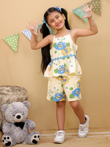 Image of superminis Girl's Top and Shorts |Coordinated Outfit| Sleevless Floral Print Top and Shorts Set| Summer Casual Outfit For Kids| 2-Piece Dress For Girls