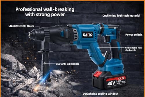 Image of KAITO 28mm 48V Cordless Rotary Hammer Drill | SDS Plus | Brushless Motor | 2 x 5.0Ah Batteries & Fast Charger | 3 Modes: Drill, Hammer & Chisel | Heavy-Duty Concrete Drilling Machine