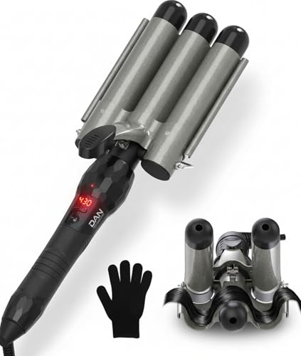 Three Barrel Curling Iron 1 Inch with LED Display, 15 Heat Settings 180-430°F, Tourmaline Ceramic Triple Hair Waver for Beach Waves, Dual Voltage 110-240V, Auto Shut-Off, Glove Included, Gray