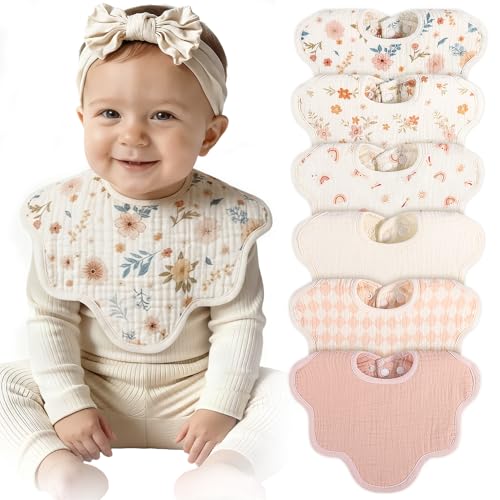 Image of CandyHome Muslin Bibs for Baby Girl Boy 6 Pack, 100% Cotton Extra Soft Absorbent Bandana Baby Bibs for Drooling and Teething Toddler Baby Girl Newborn Essentials Gifts