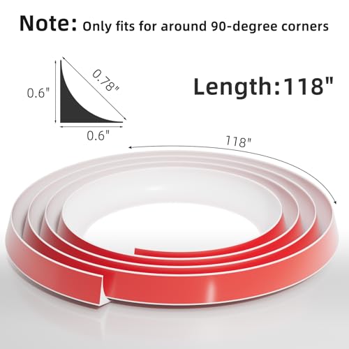 Conwang 118\" Flexible L-Shaped Quarter Round,Bendable Trim Molding,Double-Sided Self Adhesive Peel and Stick Silicone Trim for Floor Edge,Wall Corner,Stairs,Cabinet and Tub Edge,0.6\"(W)×0.6\"(H),White